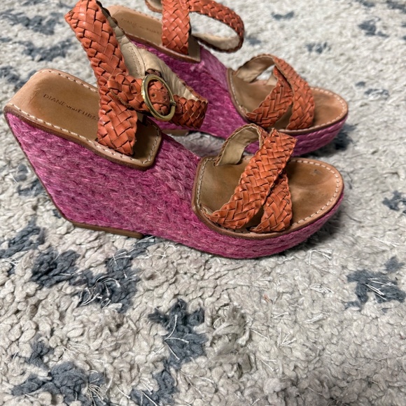 Diane von Furstenberg Pink Woven Wedge Orange Leather Straps Sandals Size 7M - Picture 4 of 10